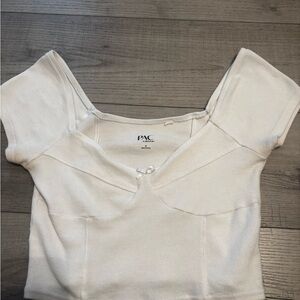 Cream Ribbed Crop Blouse with Cap Sleeves